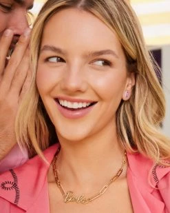 Barbie™ X Kendra Scott Gold Emilie Stud Earrings In Pink Iridescent Glitter Glass -Demi-Fine Jewelry Shop Kendra Scott Barbie Emilie Stud Earring Pink Iridescent Glitter Glass Gold 00