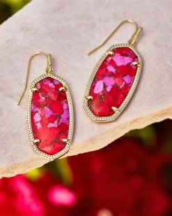 Kendra Scott Elle Gold Drop Earrings In Bronze Veined Red And Fuchsia Magnesite -Demi-Fine Jewelry Shop Kendra Scott Elle Drop Earring Bronze Veined Red Fuschia Magnesite Gold 02