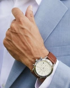 Kendra Scott Evans Stainless Steel 44mm Chronograph Watch In Ivory 9 Kendra Scott Evans Stainless Steel 44mm Chronograph Watch In Ivory -Demi-Fine Jewelry Shop Kendra Scott Evans 44m Chronograph Watch Eggshell Luggage Leather Stainless Steel 00