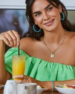 Kendra Scott Jovie Gold Beaded Hoop Earrings In Variegated Dark Teal Magnesite -Demi-Fine Jewelry Shop Kendra Scott Jovie Beaded Hoop Earring Dark Teal Gold 00