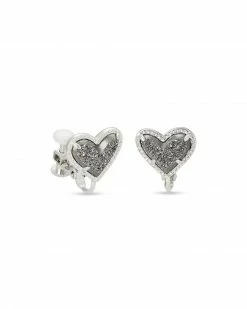 Kendra Scott Ari Heart Silver Stud Clip On Earrings In Platinum Drusy
