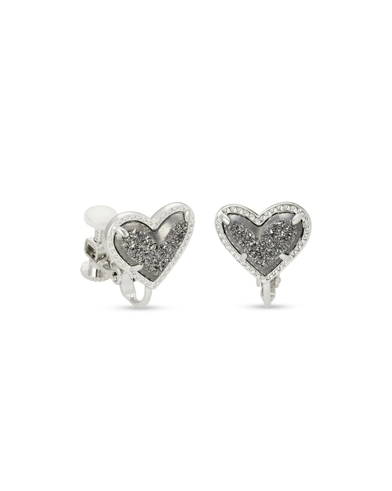 Kendra Scott Ari Heart Silver Stud Clip On Earrings In Platinum Drusy 1 Kendra Scott Ari Heart Silver Stud Clip On Earrings In Platinum Drusy