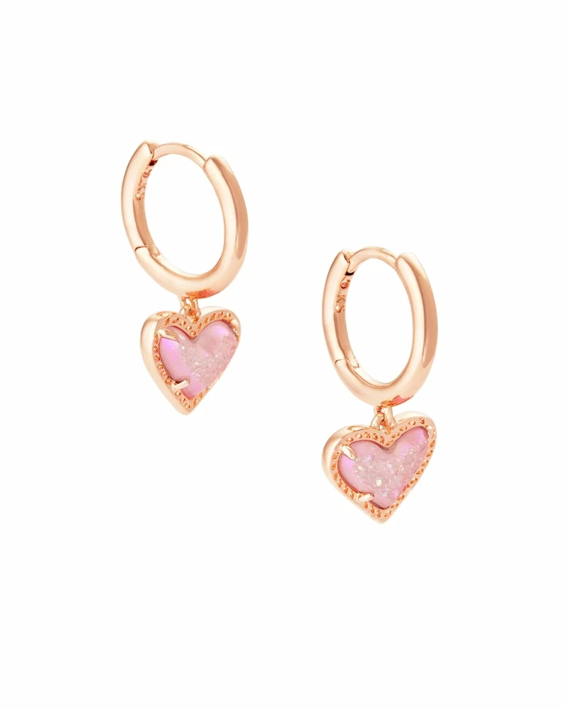 Kendra Scott Ari Heart Rose Gold Huggie Earrings In Light Pink Drusy 1 Kendra Scott Ari Heart Rose Gold Huggie Earrings In Light Pink Drusy