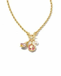 Barbie™ X Kendra Scott Gold Pearl Charm Convertible Necklace In Pink Iridescent Glitter Glass -Demi-Fine Jewelry Shop kendra scott barbie pearl charm convertible necklace gold pink iridescent glitter glass 01 00