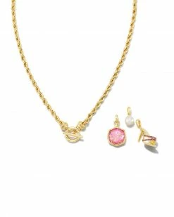 Barbie™ X Kendra Scott Gold Pearl Charm Convertible Necklace In Pink Iridescent Glitter Glass -Demi-Fine Jewelry Shop kendra scott barbie pearl charm convertible necklace gold pink iridescent glitter glass 02 00