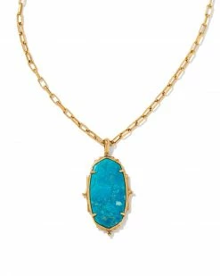 Kendra Scott Baroque Ella Vintage Gold Long Pendant Necklace In Variegated Dark Teal Magnesite