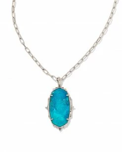 Kendra Scott Baroque Ella Vintage Silver Long Pendant Necklace In Variegated Dark Teal Magnesite