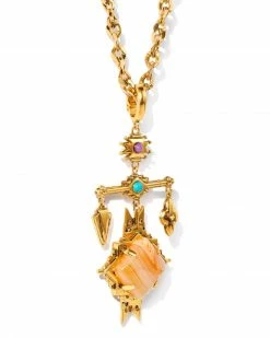 Kendra Scott Cass Vintage Gold Large Long Pendant Necklace In Orange Banded Agate -Demi-Fine Jewelry Shop kendra scott cass lg long pendant necklace vintage gold orange banded agate 01