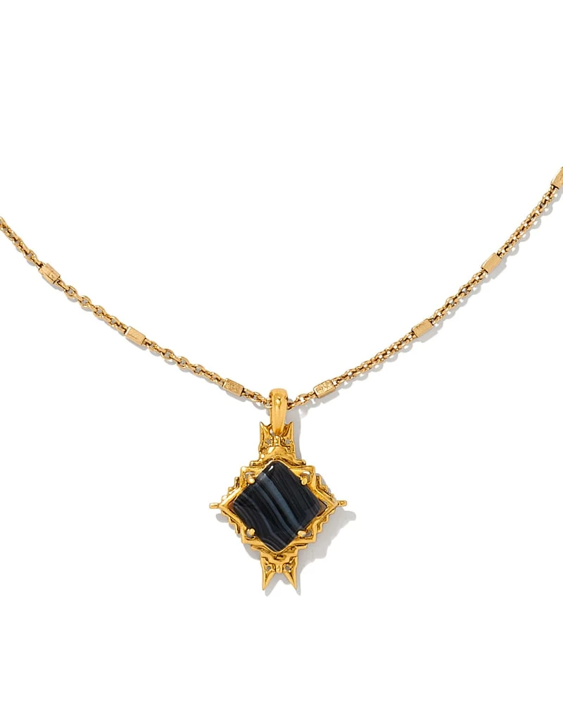 Kendra Scott Cass Vintage Gold Long Pendant Necklace In Black Banded Agate 1 Kendra Scott Cass Vintage Gold Long Pendant Necklace In Black Banded Agate