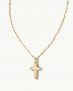 Kendra Scott Cross Gold Pendant Necklace In White Kyocera Opal