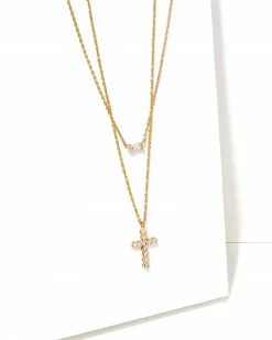 Kendra Scott Cross Gold Pendant Necklace Layering Set In White Crystal