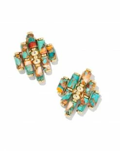 Kendra Scott Ember Gold Statement Stud Earrings In Bronze Veined Turquoise Magnesite Red Oyster