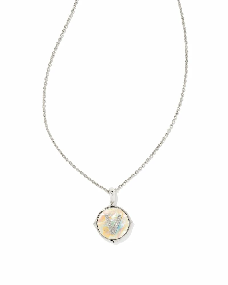 Kendra Scott Letter V Silver Disc Reversible Pendant Necklace In Iridescent Abalone 1 Kendra Scott Letter V Silver Disc Reversible Pendant Necklace In Iridescent Abalone
