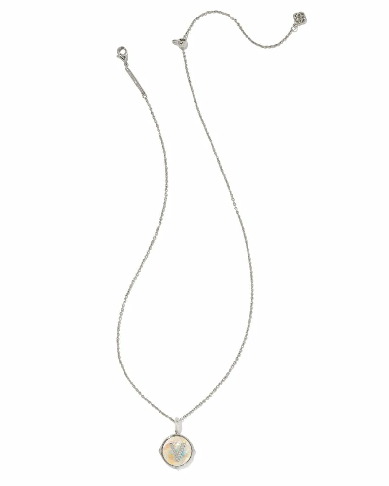 Kendra Scott Letter V Silver Disc Reversible Pendant Necklace In Iridescent Abalone 2 Kendra Scott Letter V Silver Disc Reversible Pendant Necklace In Iridescent Abalone - Image 2